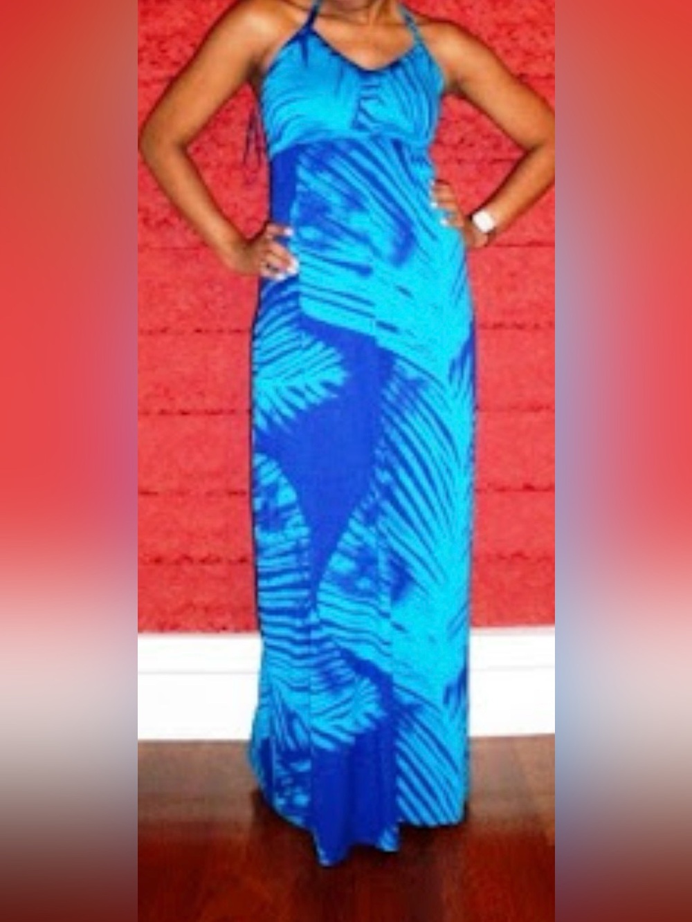 Express Blue Palm-Print Halter Maxi Dress